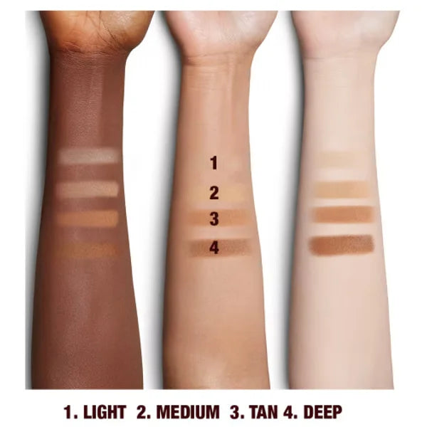 Swatches of makeup on different skin tones with labeled shades.