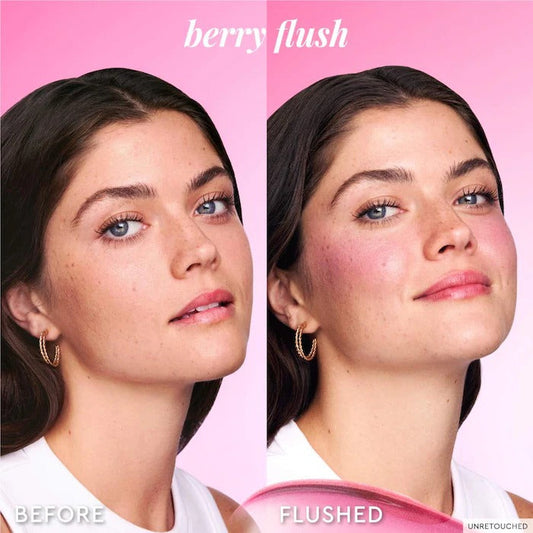Before and after comparison of a woman's face with 'berry flush' makeup on a pink background.