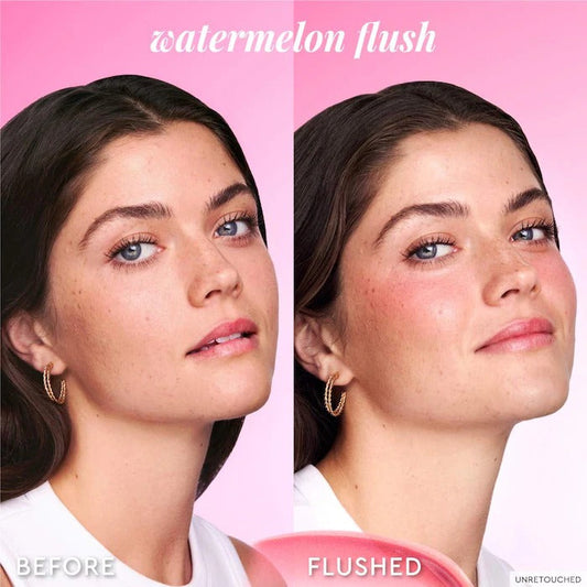 Before and after comparison of a woman's face with 'watermelon flush' makeup on a pink background.