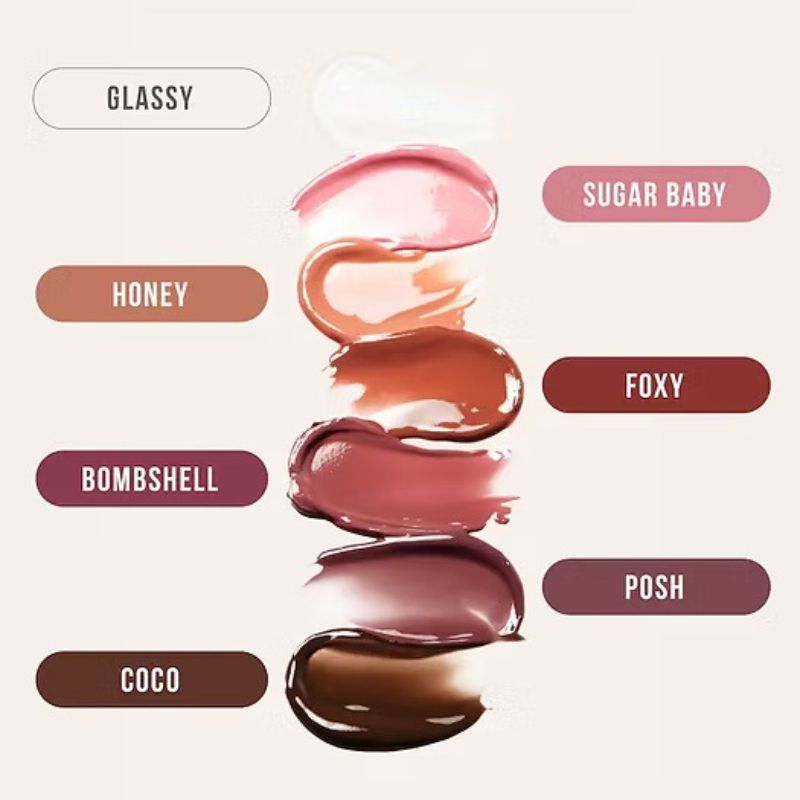 Lipstick swatches labeled with names on a beige background