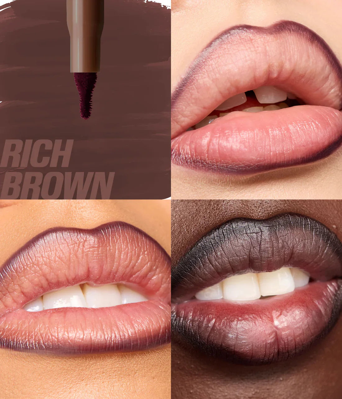 Collage of a lipstick swatch and its color application on lips.