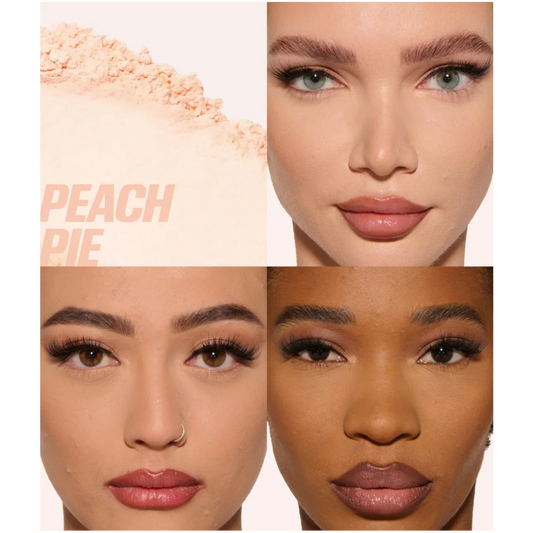 Collage of a woman's face with close-up shots of makeup and text 'PEACH PIE'.