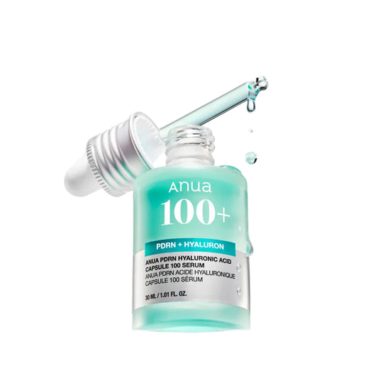 Anua 100+ skincare serum bottle with dropper on a white background