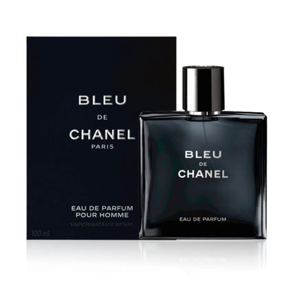 Bleu de Chanel Eau de Parfum bottle and packaging on a white background