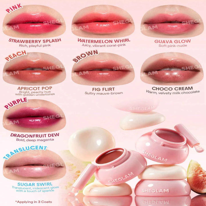 Lip color swatches with product names and Slimoly lip balm containers on a pink background