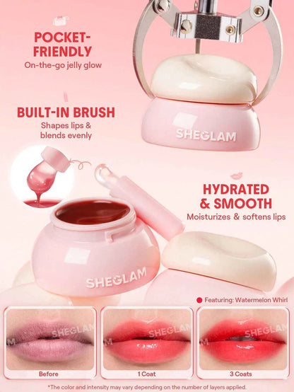 Sheglam lip product with built-in brush on a pink background