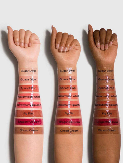 Three arms with different colored lip balms applied, labeled with product names.