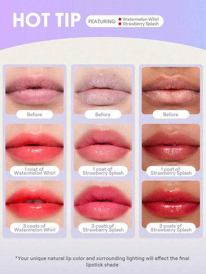 Lipstick color swatches with 'Watermelon Whirl' and 'Strawberry Splash' on a white background.