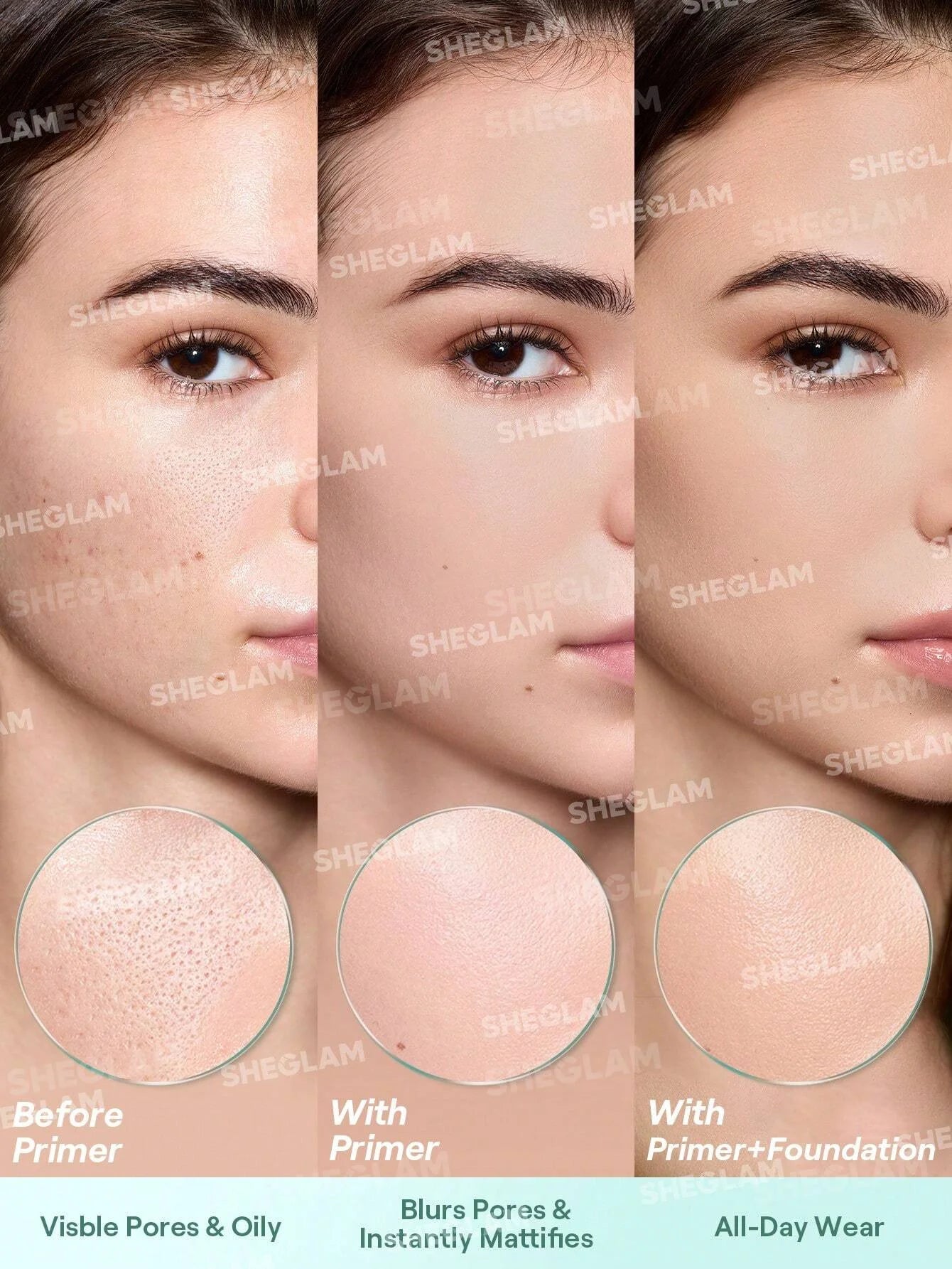 Before and after comparison of a woman's face with and without primer and foundation, featuring the SHEGLAM brand.