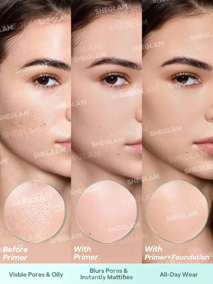 Before and after comparison of a woman's face with and without primer and foundation, featuring the SHEGLAM brand.