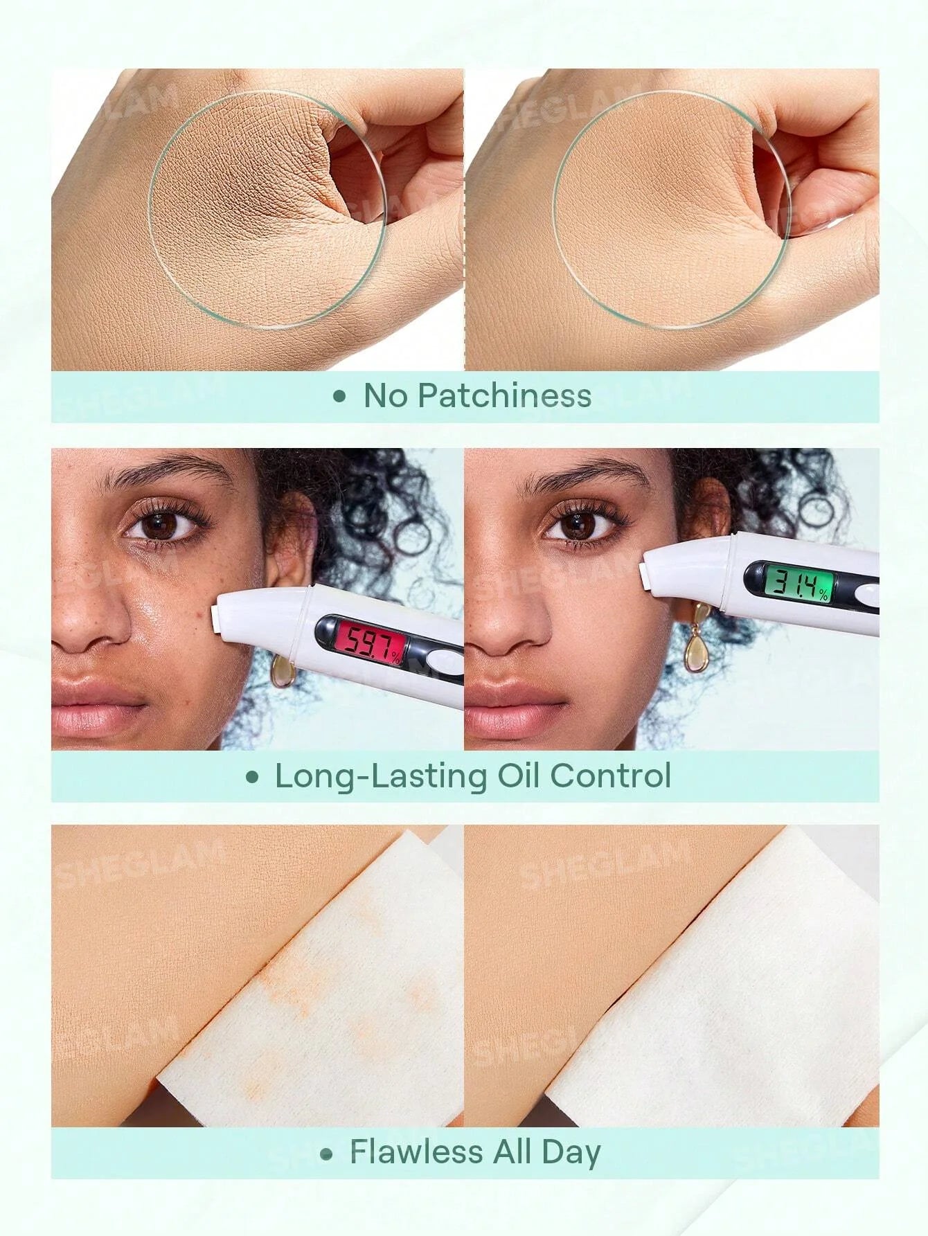 Product demonstration with close-up of skin texture, digital thermometer, and person using product.