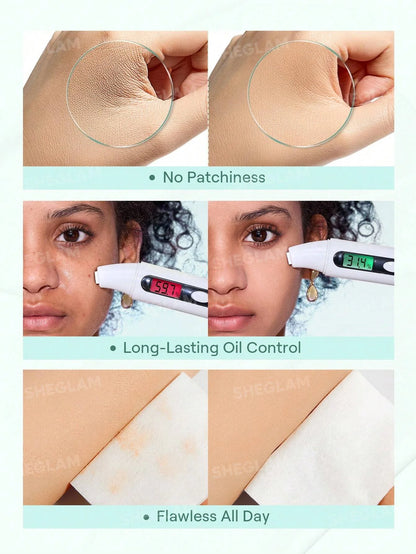 Product demonstration with close-up of skin texture, digital thermometer, and person using product.