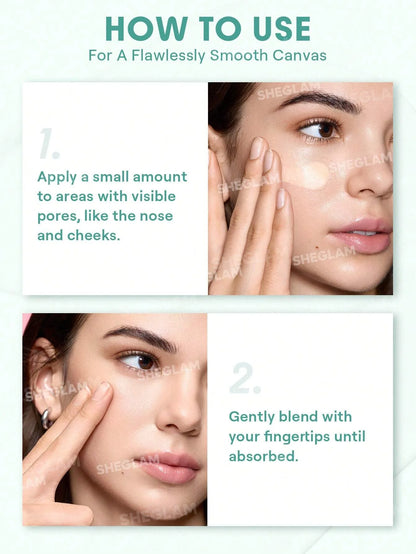 Instructions on applying a product to face for a flawlessly smooth canvas, with close-up shots of a woman's face.