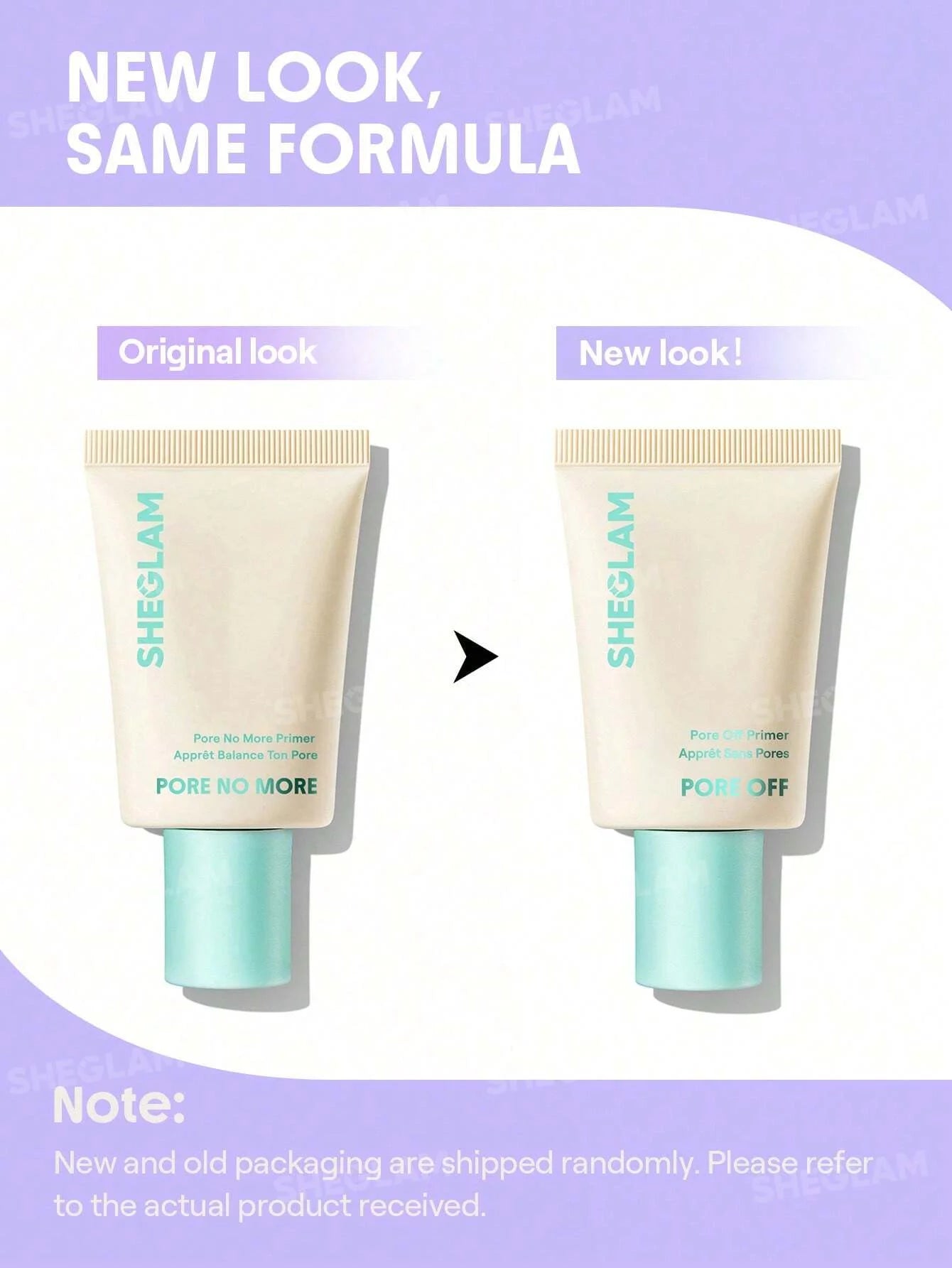 A promotional comparison graphic for SHEGLAM pore powder showing the same tube in two packaging variants labeled 'Original look' and 'New look!'. The left tube has a beige body with a mint cap, and the right tube has a cream body with a pale aqua cap.