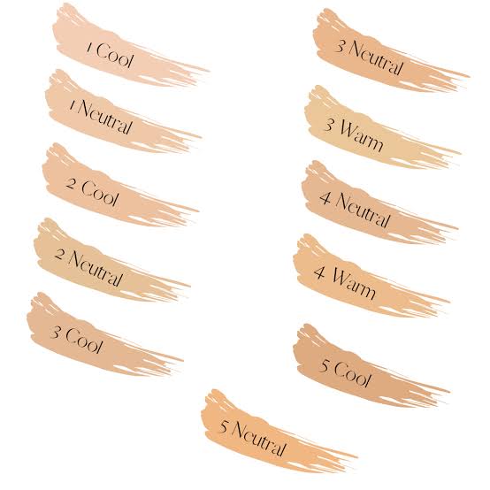 Pattern of beige color swatches labeled with warm, neutral, and cool temperature categories on a white background.