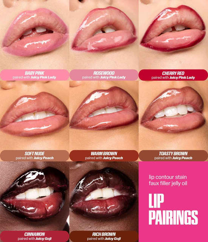 Lip color swatches with text indicating lip pairings on a pink background