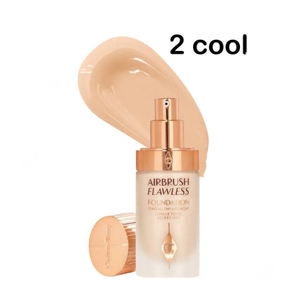 Airbrush Flawless foundation bottle with a swatch of beige color on a white background