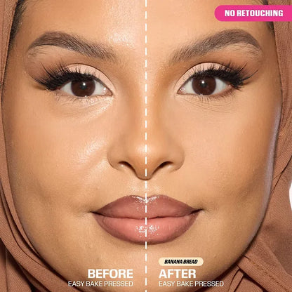 Before and after comparison of a woman's face with 'No Retouching' label, featuring Banana Bread makeup.