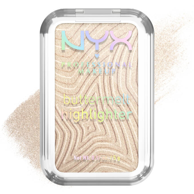 NYX Professional Makeup butter melt highlighter in clear case with beige and pink color swatch.