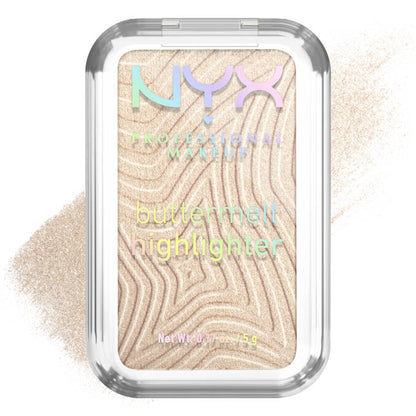 NYX Professional Makeup butter melt highlighter in clear case with beige and pink color swatch.