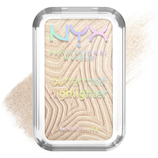 NYX Professional Makeup butter melt highlighter in clear case with beige and pink color swatch.