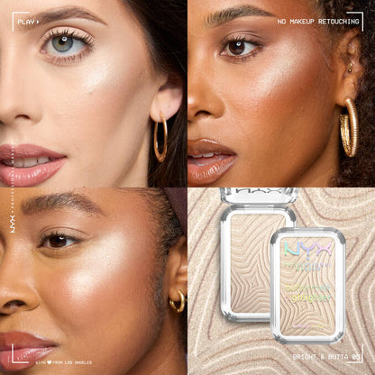 Collage of a beauty product with close-up shots of a woman's face applying the product.