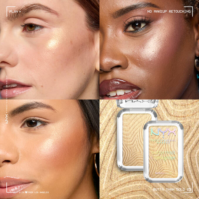 Collage of a woman applying makeup with NYX product, showing before and after effects.