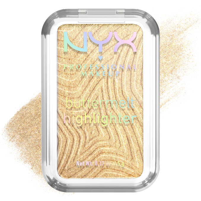 NYX Professional Makeup buttermelt highlighter in a clear case on a white background