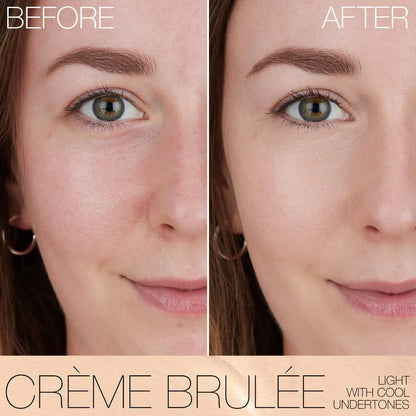 Before and after comparison of a woman's face with 'Crème Brèlée' makeup.