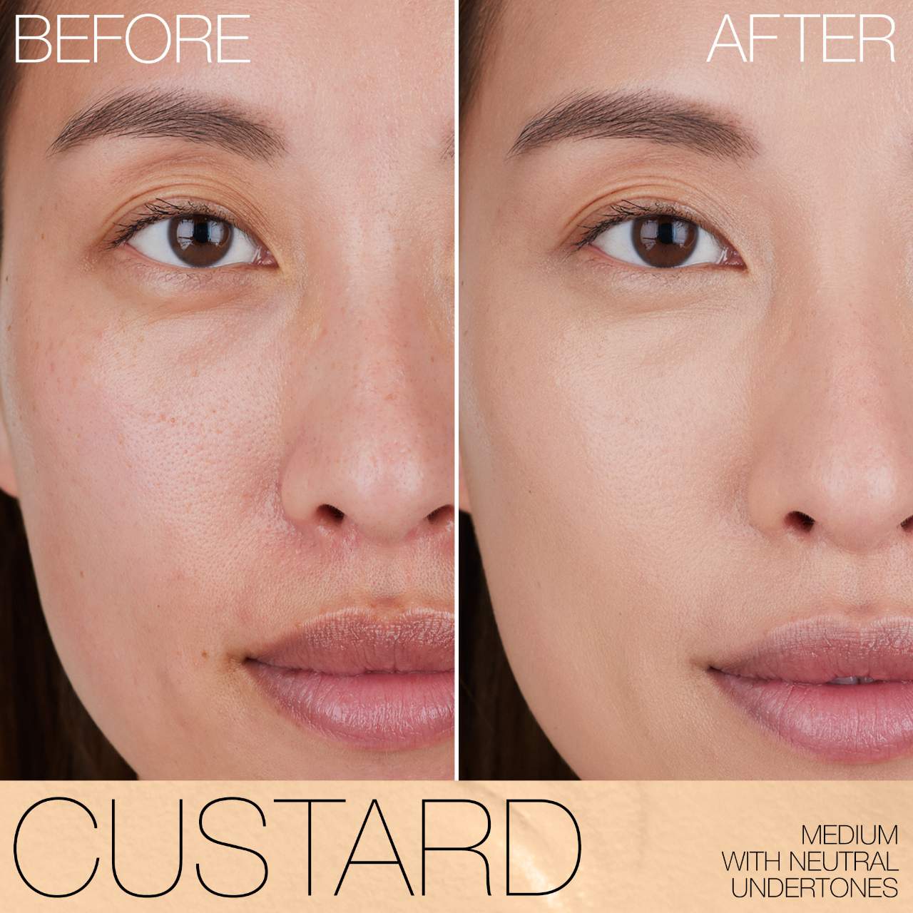 Before and after comparison of a woman's face with 'Custard' makeup application.