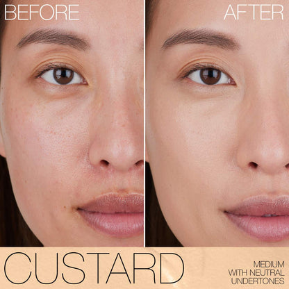 Before and after comparison of a woman's face with 'Custard' makeup application.