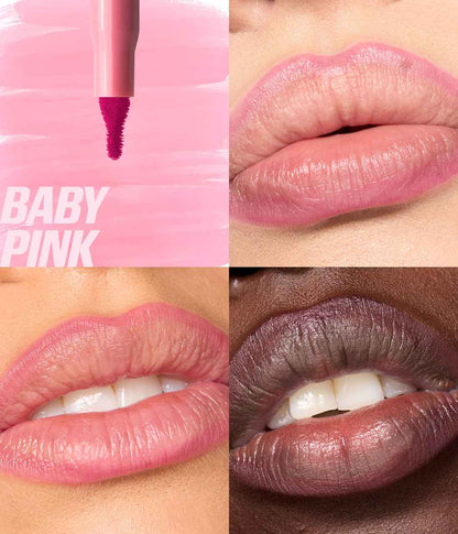 Collage of a pink lip gloss applicator and lips with different shades of pink.