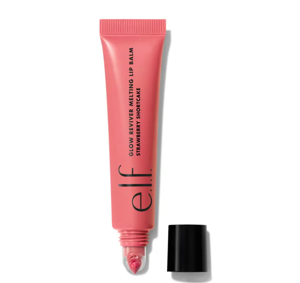 Pink lip balm tube with black text on a white background