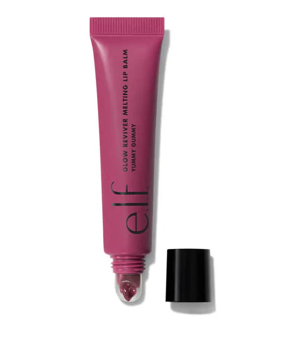 Pink lip balm tube with black cap on a white background