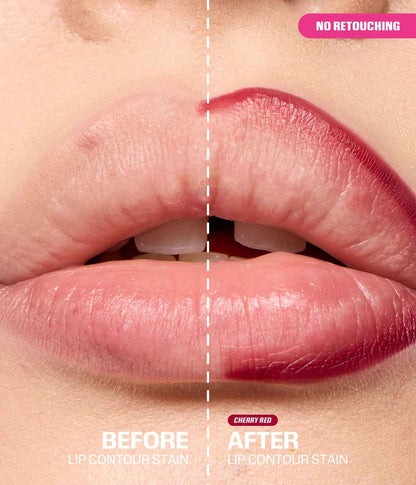 Before and after comparison of lip contour stain with 'No Retouching' label.