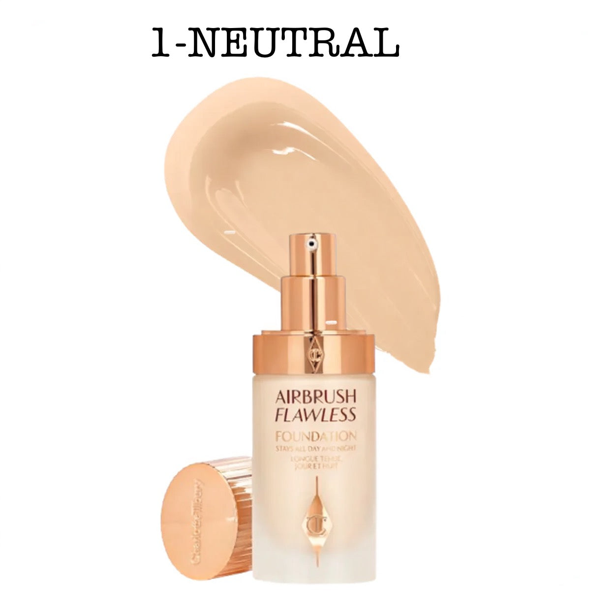 Airbrush Flawless foundation bottle with a swatch of beige color on a white background