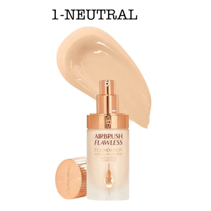 Airbrush Flawless foundation bottle with a swatch of beige color on a white background