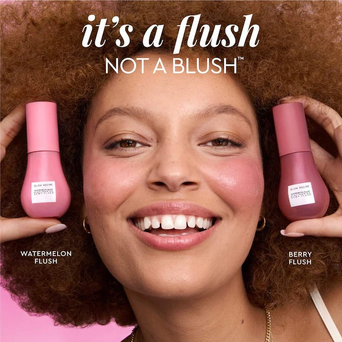 Woman with blush on her cheeks holding two pink blush products, with text 'it's a flush NOT A BLUSH' and product names.