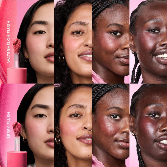 Collage of diverse women with a pink lipstick on a pink background