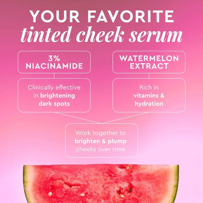 Advertisement for a tinted cheek serum with watermelon extract and niacinamide on a pink background.