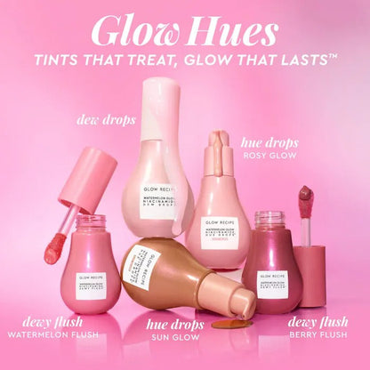 Glow Hues cosmetic products on a pink background with product names displayed.