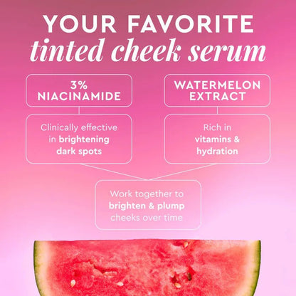 Advertisement for a tinted cheek serum with watermelon extract and niacinamide on a pink background.