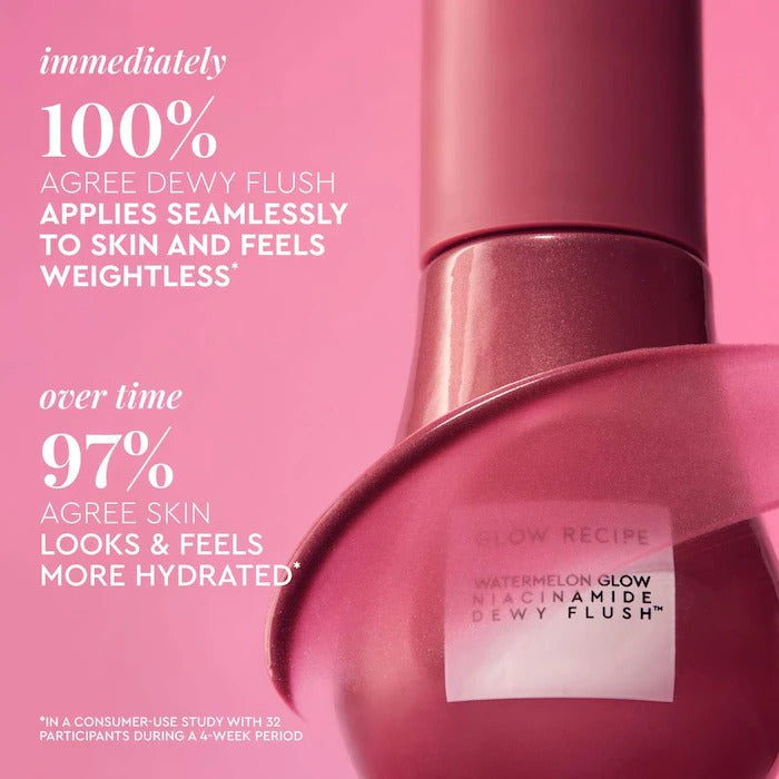 Pink makeup product with text on a pink background