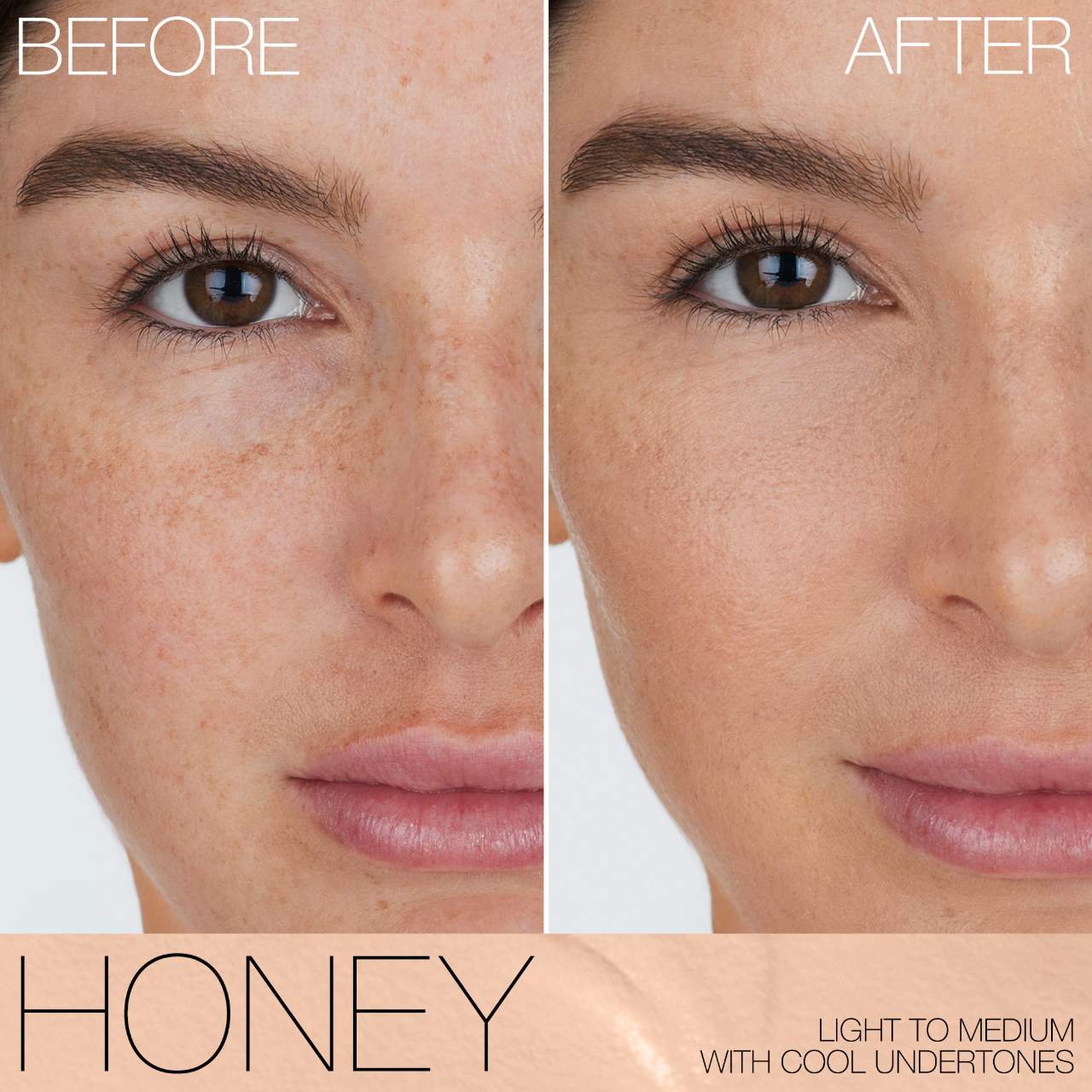 Before and after comparison of a woman's face with 'Honey' skin tone description.