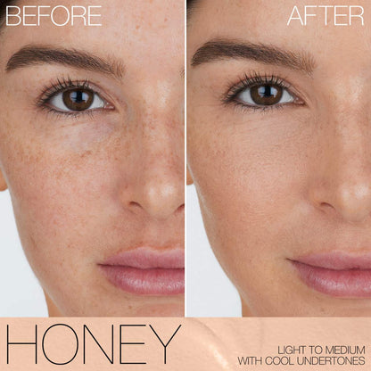 Before and after comparison of a woman's face with 'Honey' skin tone description.