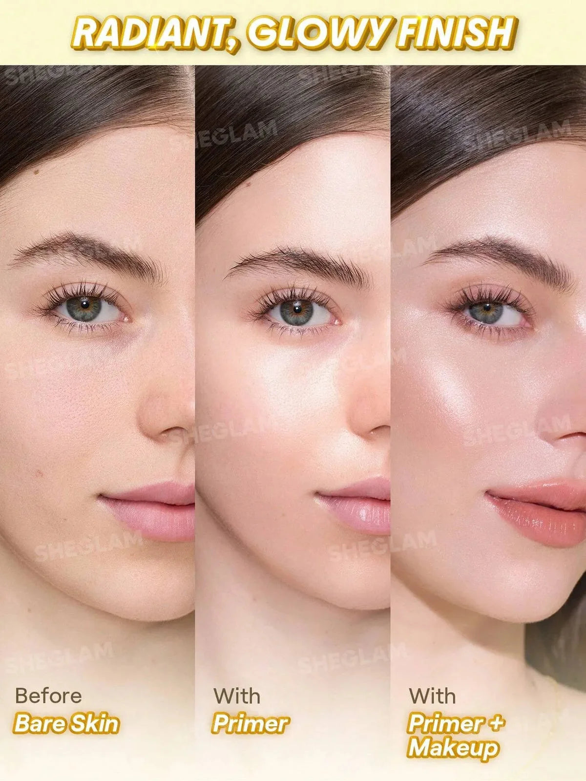 Before and after comparison of a woman's face with bare skin, primer, and primer plus makeup showing a glowing finish.