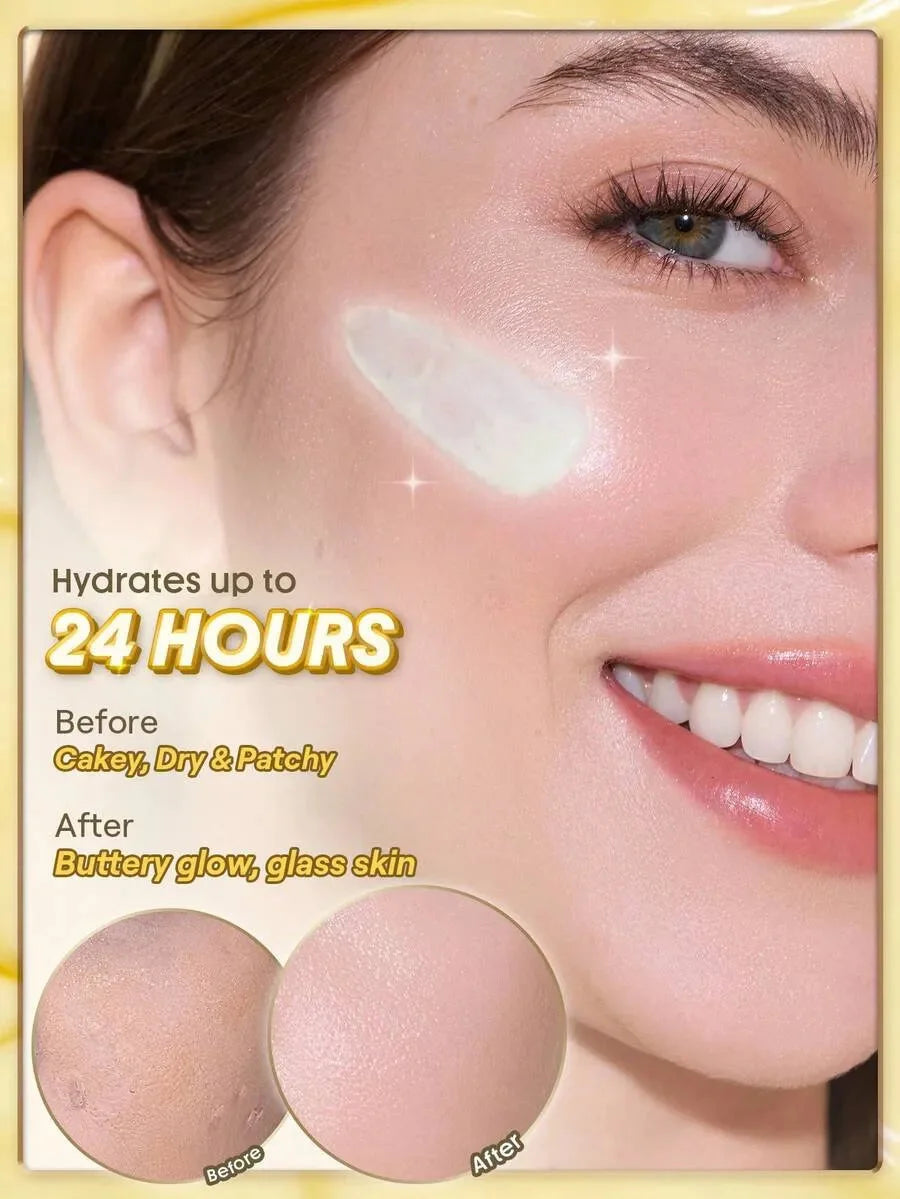 Product advertisement showing a woman's face with skincare application, text about hydration duration, and product color comparison.