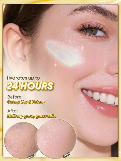 Product advertisement showing a woman's face with skincare application, text about hydration duration, and product color comparison.