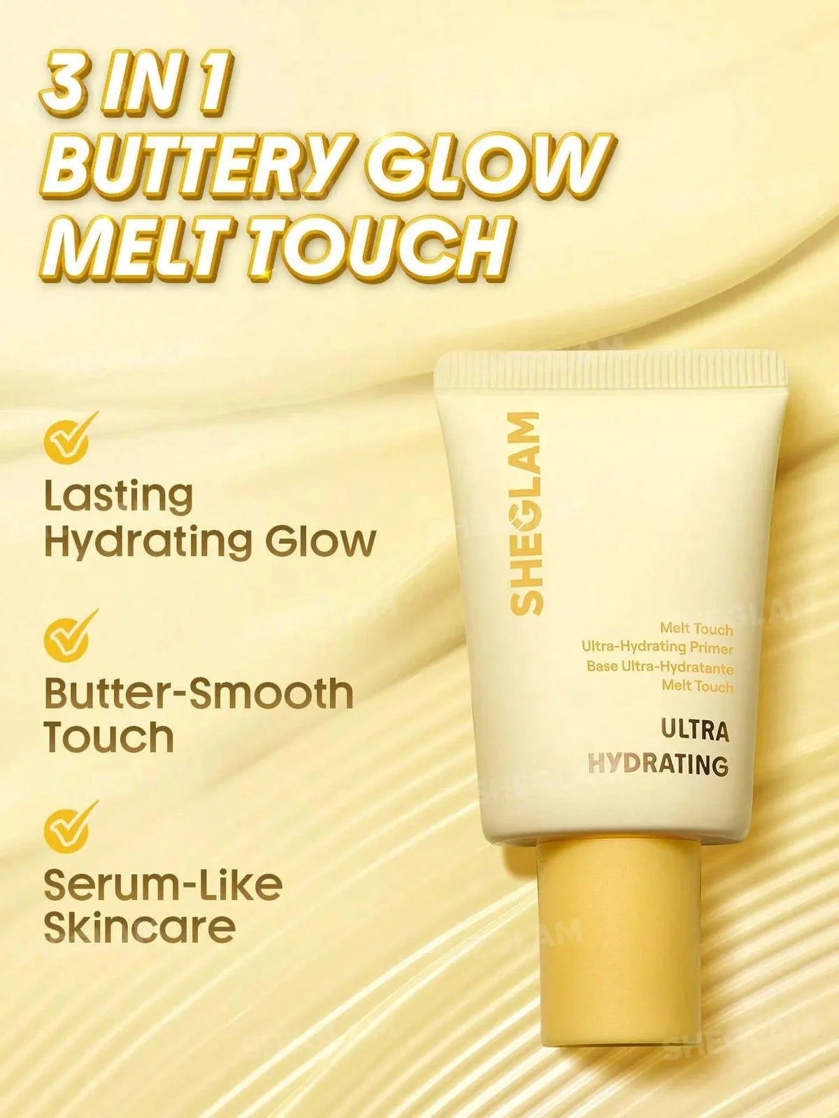 Sheglam ultra hydrating skincare product with features listed on a beige background