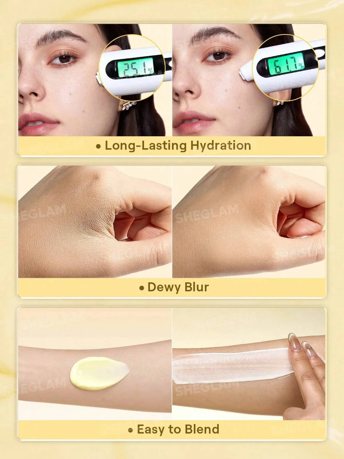 Product advertisement showing skin hydration, temperature measurement, and application on arm with text 'Long-Lasting Hydration', 'Dewy Blur', and 'Easy to Blend'.